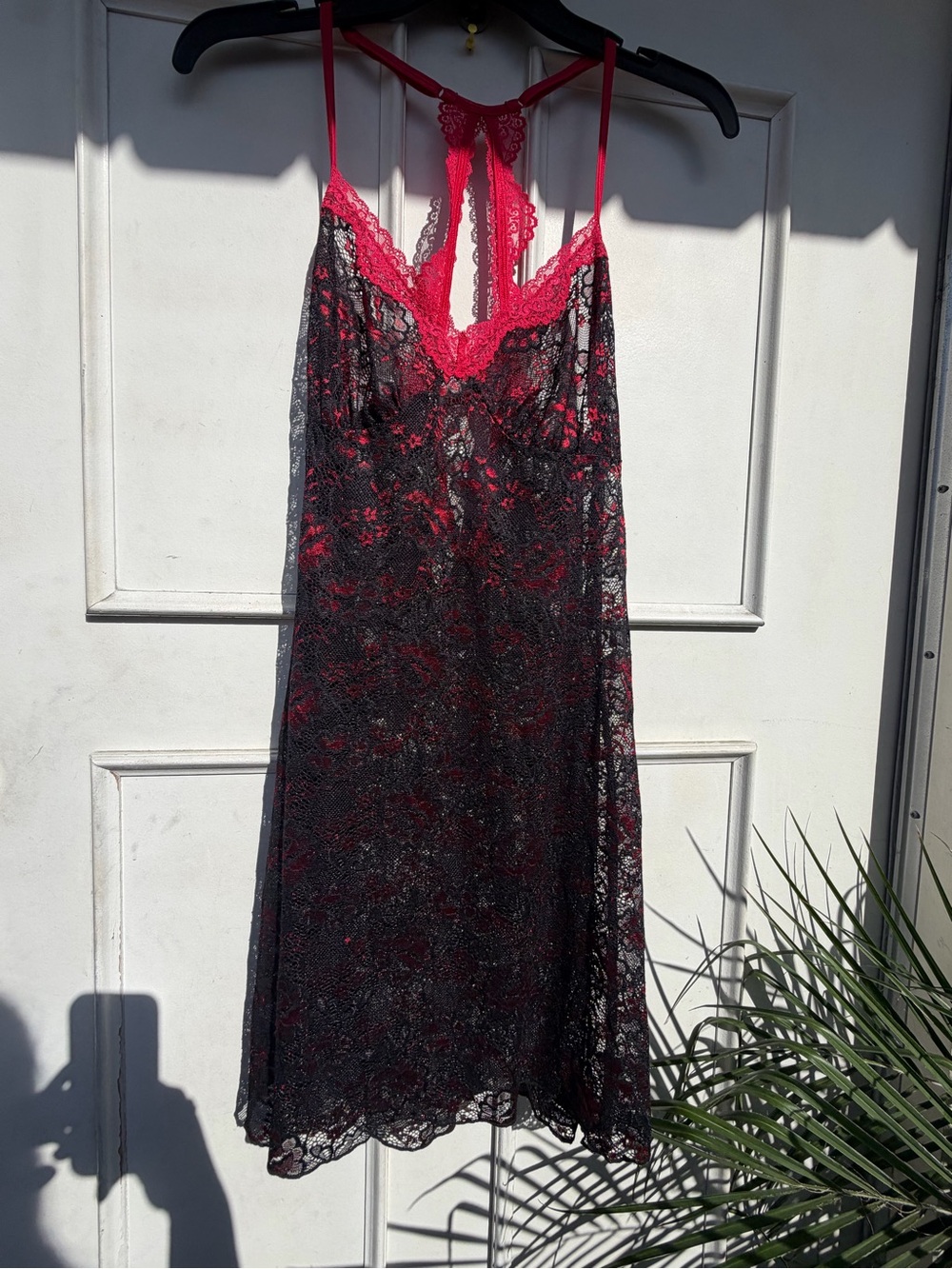 Linea Donatella Black Lace Slip Dress with Red Trim